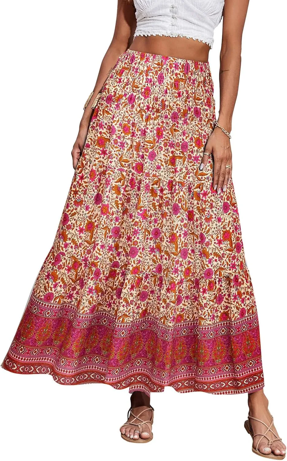 CFLONGE Women's 2025 Bohemian Long Skirts Flowy High Waist A Line Maxi Skirts for Women Summer Pleated Mini Skirts