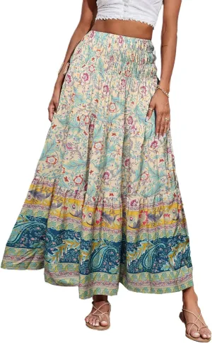 CFLONGE Women's 2025 Bohemian Long Skirts Flowy High Waist A Line Maxi Skirts for Women Summer Pleated Mini Skirts