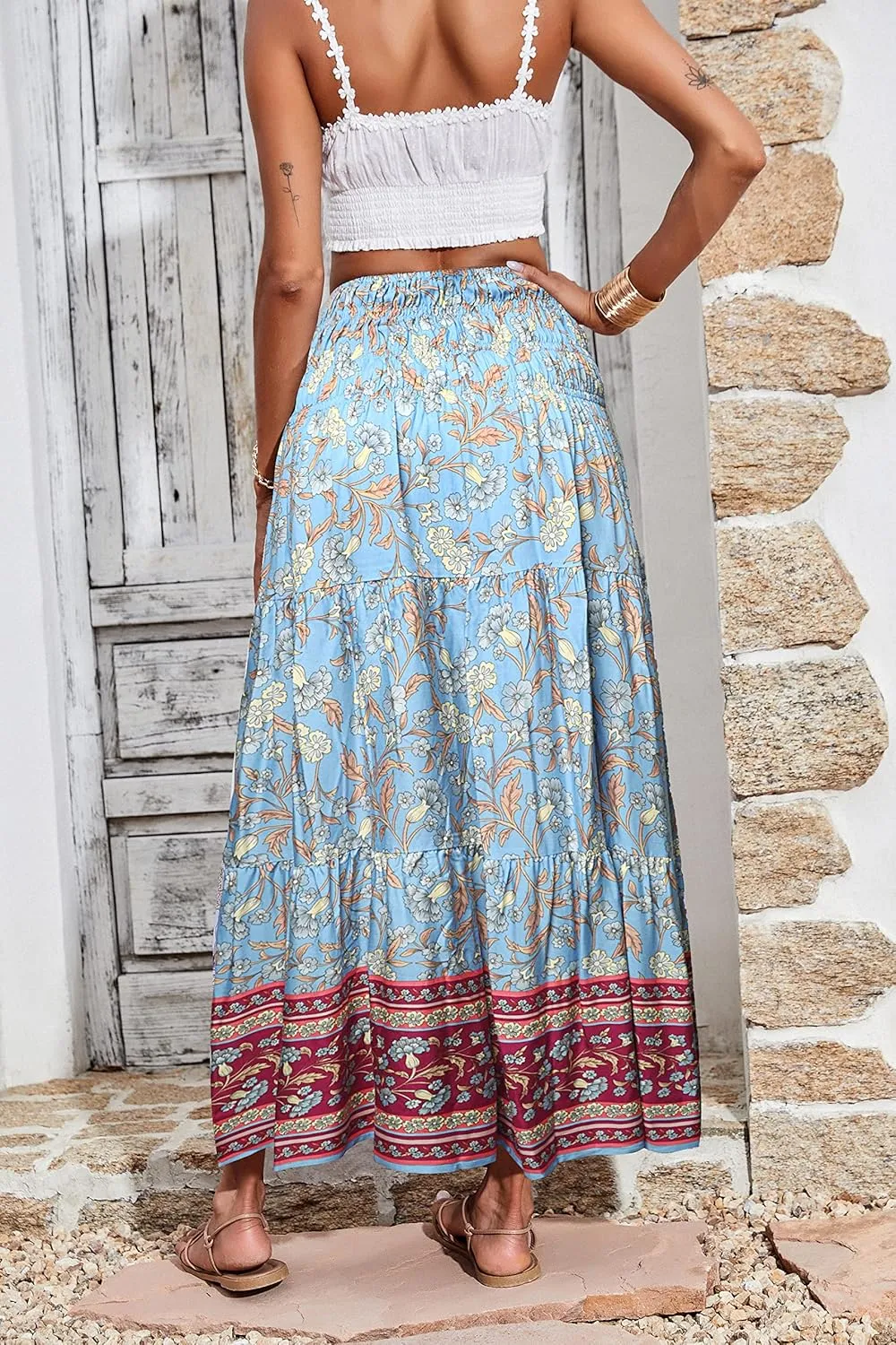 CFLONGE Women's 2025 Bohemian Long Skirts Flowy High Waist A Line Maxi Skirts for Women Summer Pleated Mini Skirts