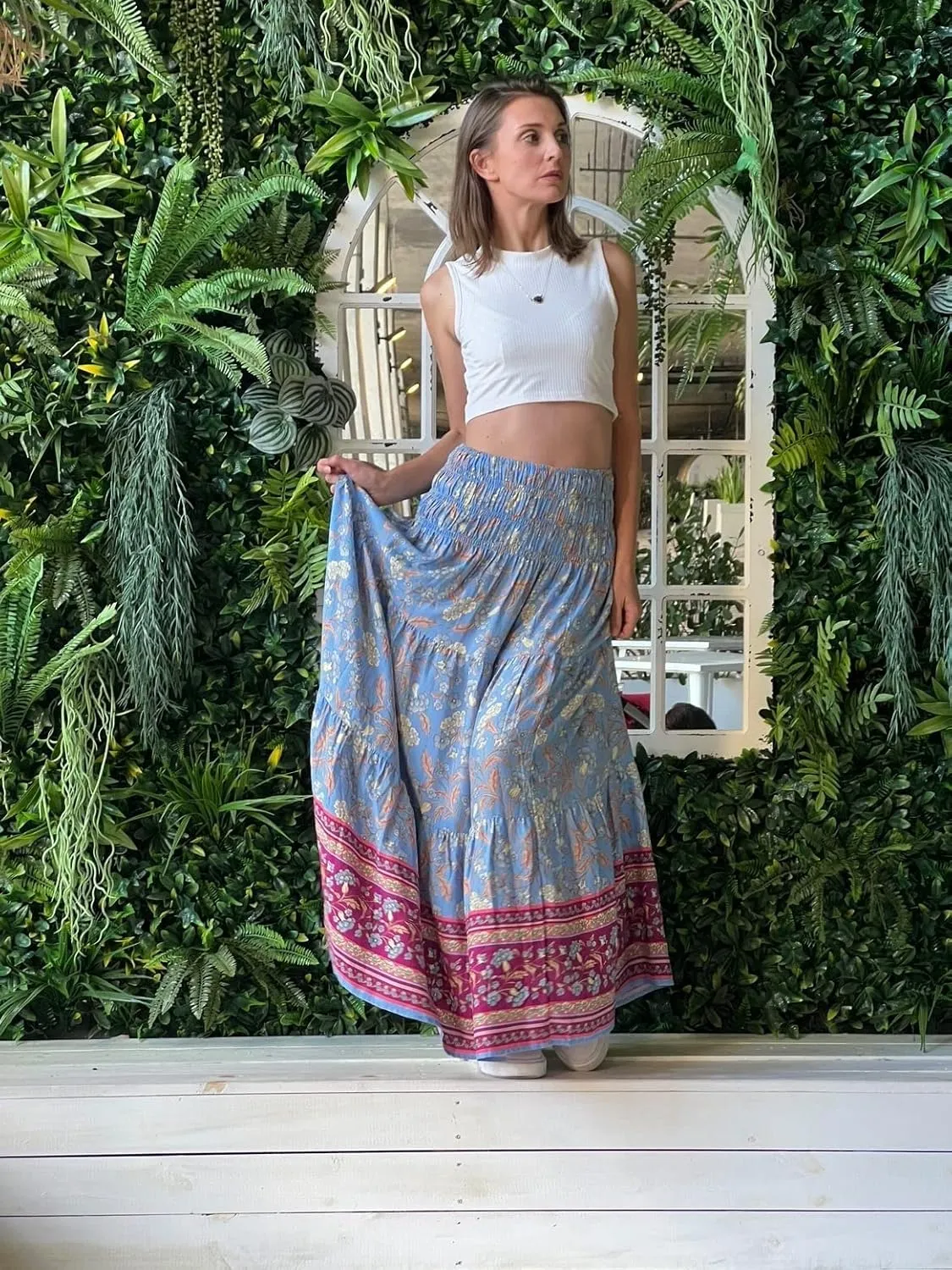 CFLONGE Women's 2025 Bohemian Long Skirts Flowy High Waist A Line Maxi Skirts for Women Summer Pleated Mini Skirts