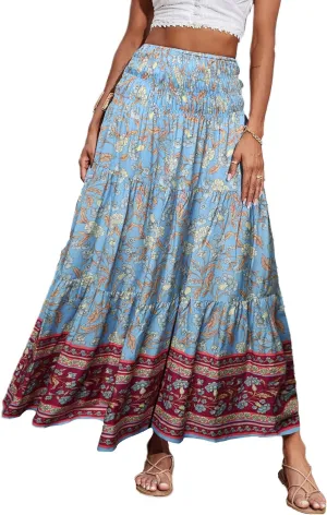 CFLONGE Women's 2025 Bohemian Long Skirts Flowy High Waist A Line Maxi Skirts for Women Summer Pleated Mini Skirts