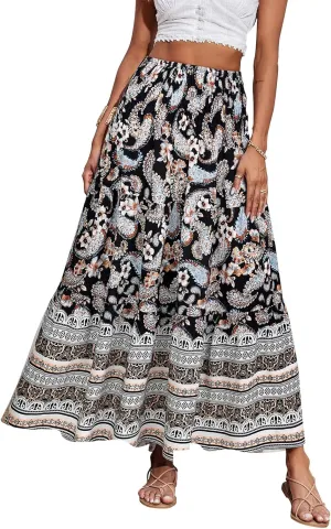 CFLONGE Women's 2025 Bohemian Long Skirts Flowy High Waist A Line Maxi Skirts for Women Summer Pleated Mini Skirts