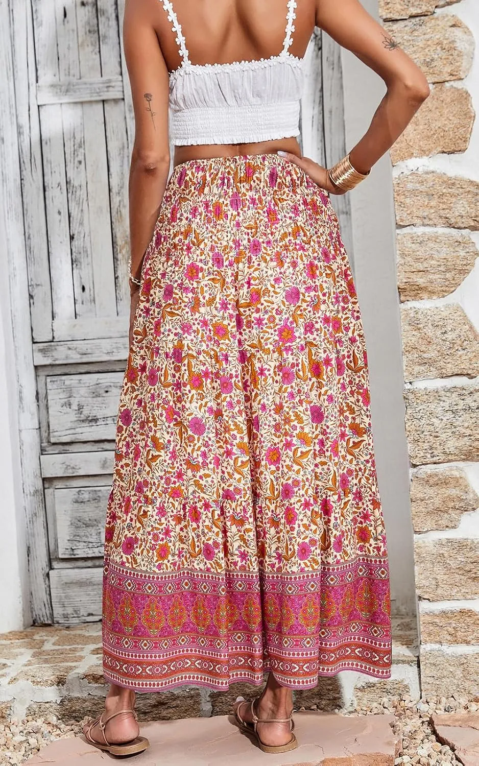 CFLONGE Women's 2025 Bohemian Long Skirts Flowy High Waist A Line Maxi Skirts for Women Summer Pleated Mini Skirts