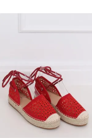 Cherry Red Floral Eyelet Flatform Espadrilles with Ankle Tie