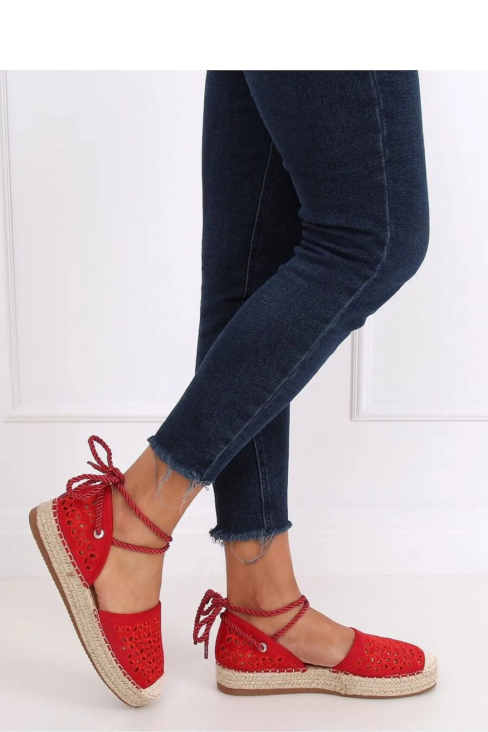 Cherry Red Floral Eyelet Flatform Espadrilles with Ankle Tie