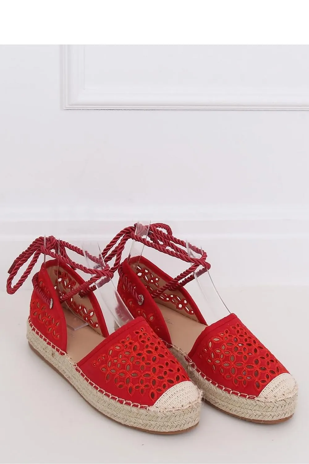 Cherry Red Floral Eyelet Flatform Espadrilles with Ankle Tie