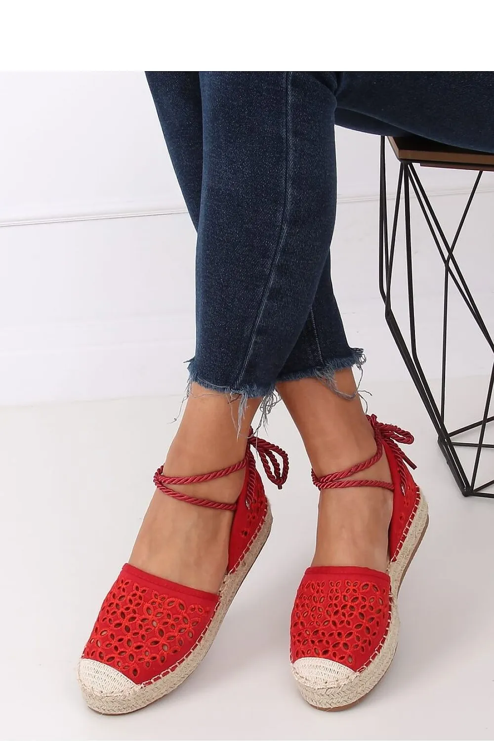 Cherry Red Floral Eyelet Flatform Espadrilles with Ankle Tie