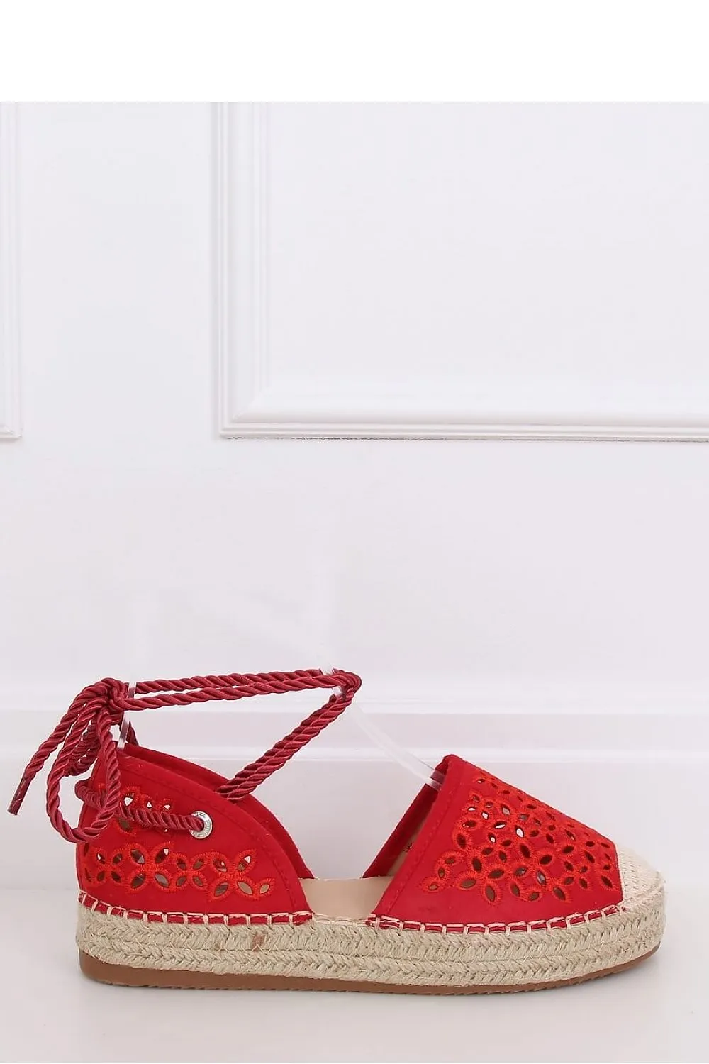 Cherry Red Floral Eyelet Flatform Espadrilles with Ankle Tie