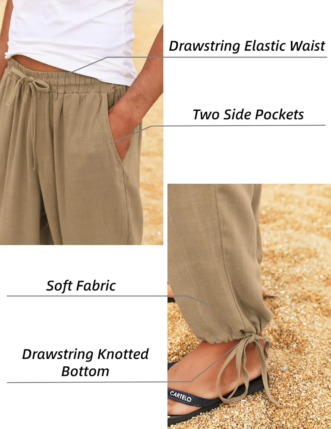 COOFANDY Men's Cotton Linen Pants Casual Harem Pants Elastic Waist Beach Boho Yoga Trousers