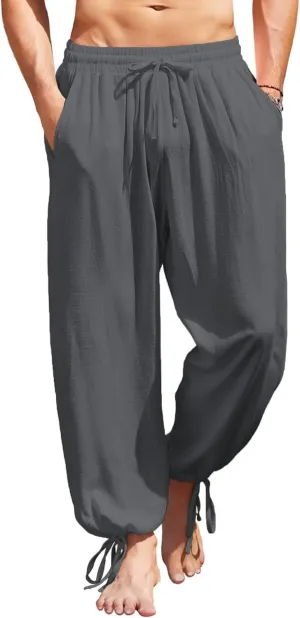 COOFANDY Men's Cotton Linen Pants Casual Harem Pants Elastic Waist Beach Boho Yoga Trousers