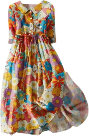 Cotton Linen Dresses for Women 2024 Maxi Button Down Plus Size A Line Dress Trendy 3/4 Sleeve Floral Dress Summer Dresses