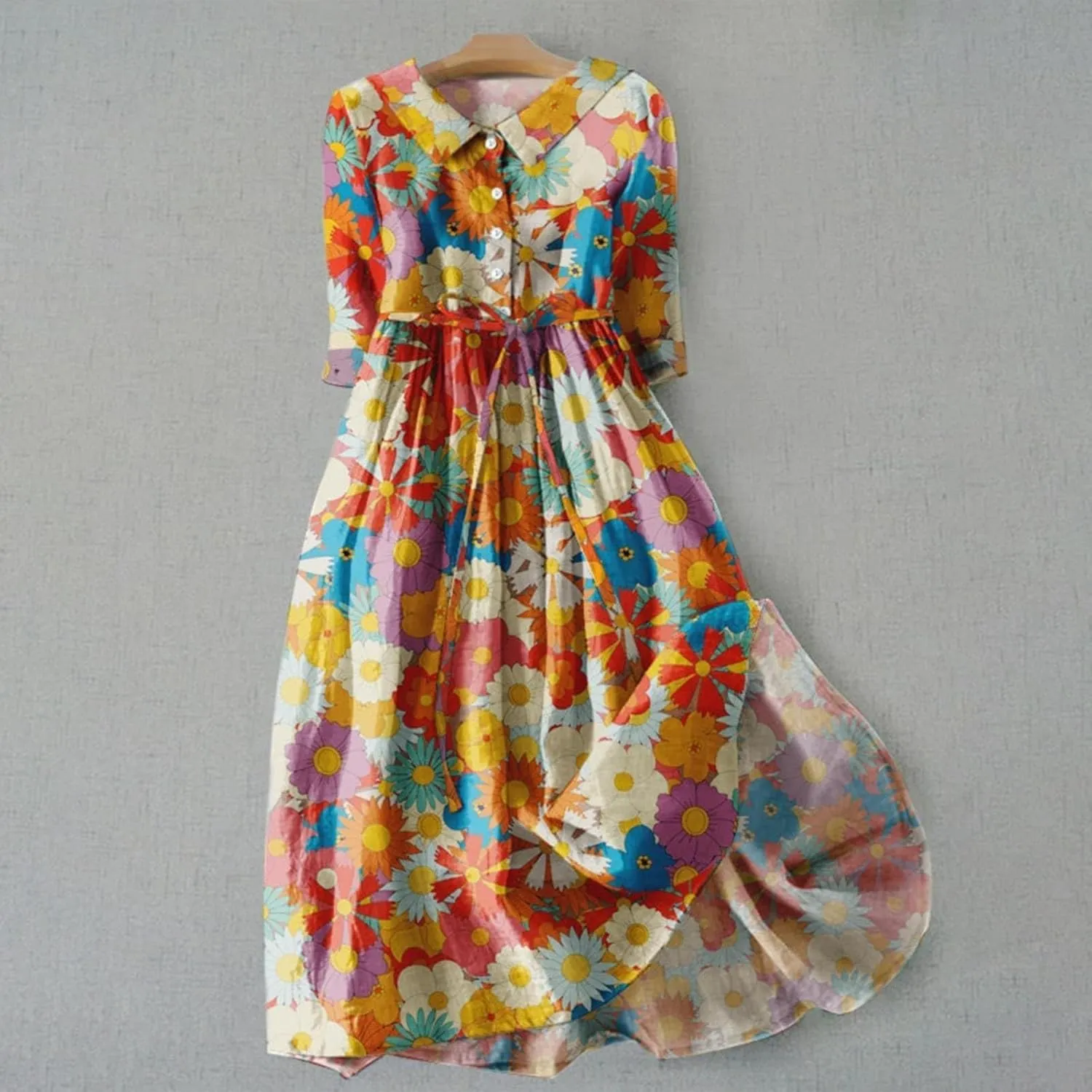 Cotton Linen Dresses for Women 2024 Maxi Button Down Plus Size A Line Dress Trendy 3/4 Sleeve Floral Dress Summer Dresses