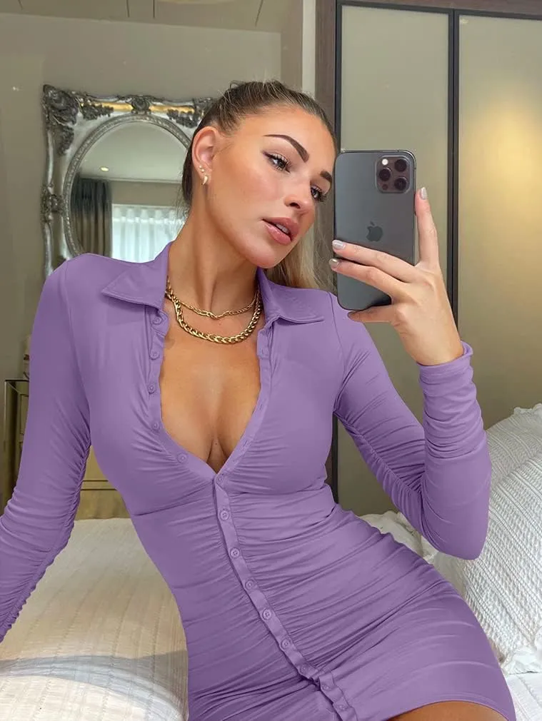 DAAWENXI Women's Sexy Long Sleeve Ruched Button Down Front Mini Shirts Dress