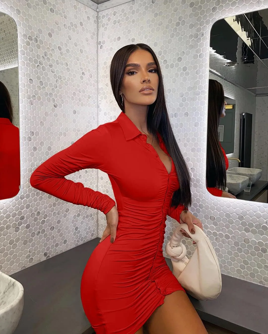 DAAWENXI Women's Sexy Long Sleeve Ruched Button Down Front Mini Shirts Dress