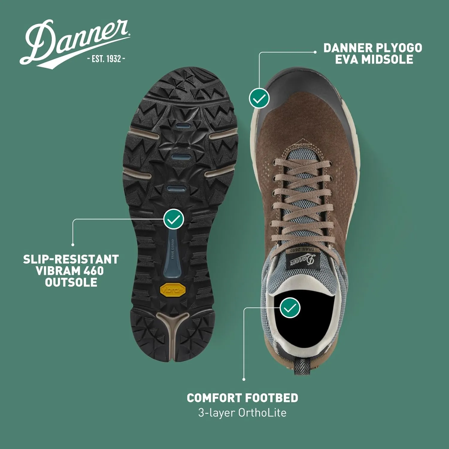 Danner Trail 2650 3” Hiking Shoes for Women - Durable Suede & Textile Upper with Breathable Mesh Lining, Ortholite Footbed & Vibram Traction Outsole
