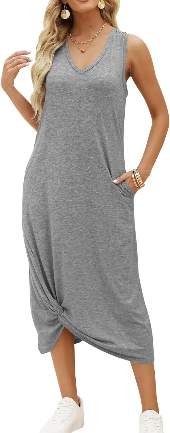 DEEP SELF Women's Casual V Neck Twist Knot Front Sleeveless Long Dress Summer Beach Tank Ankle Length Dresses with Pockets