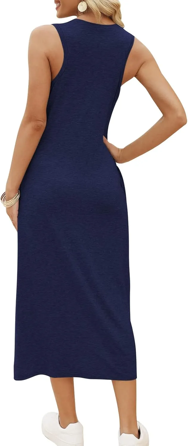 DEEP SELF Women's Casual V Neck Twist Knot Front Sleeveless Long Dress Summer Beach Tank Ankle Length Dresses with Pockets