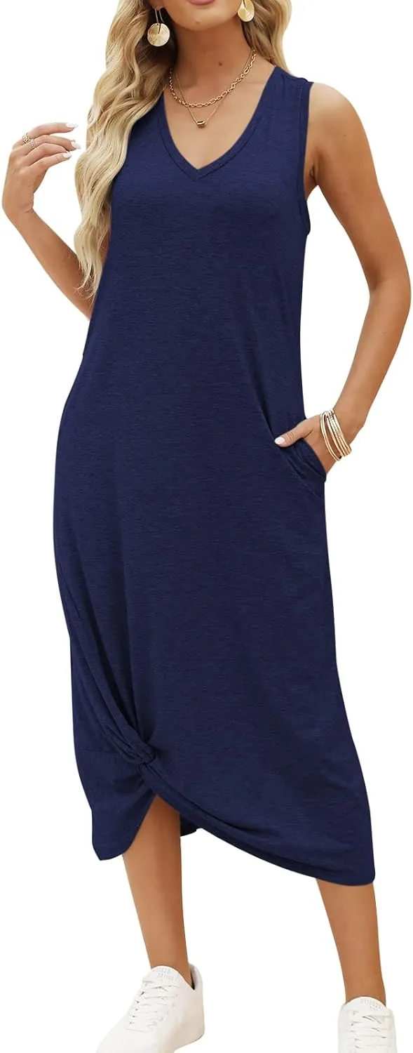 DEEP SELF Women's Casual V Neck Twist Knot Front Sleeveless Long Dress Summer Beach Tank Ankle Length Dresses with Pockets