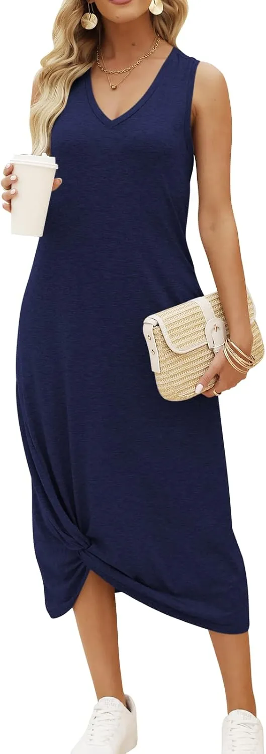 DEEP SELF Women's Casual V Neck Twist Knot Front Sleeveless Long Dress Summer Beach Tank Ankle Length Dresses with Pockets