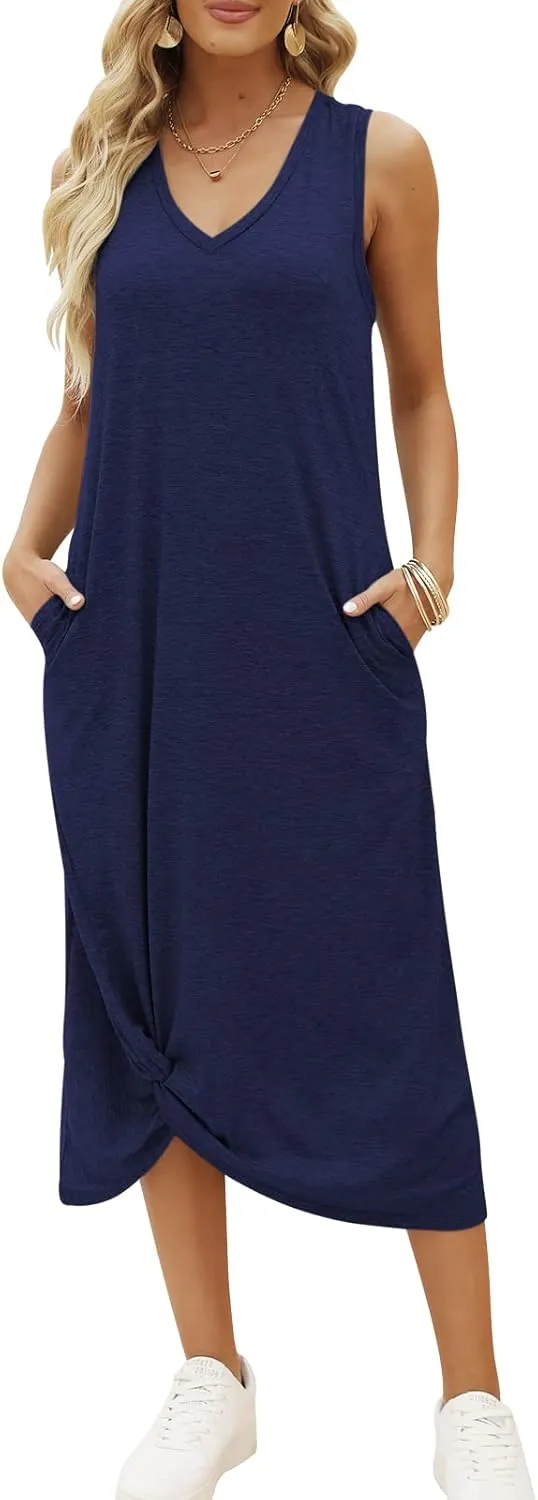 DEEP SELF Women's Casual V Neck Twist Knot Front Sleeveless Long Dress Summer Beach Tank Ankle Length Dresses with Pockets