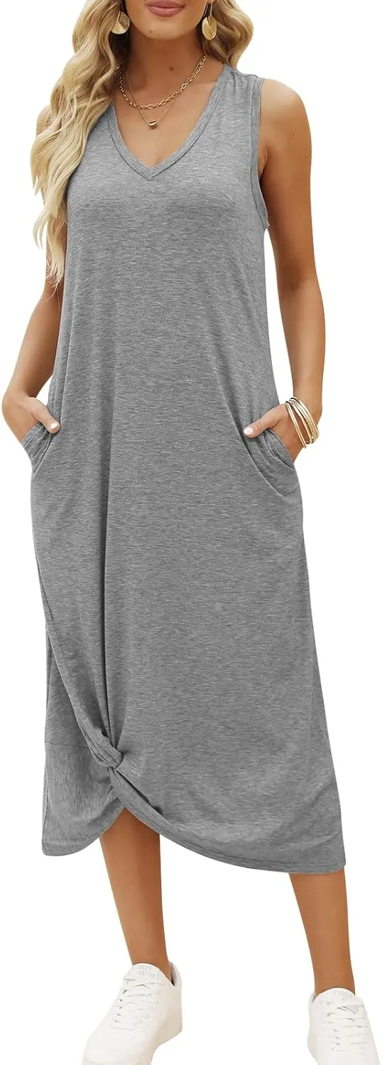 DEEP SELF Women's Casual V Neck Twist Knot Front Sleeveless Long Dress Summer Beach Tank Ankle Length Dresses with Pockets