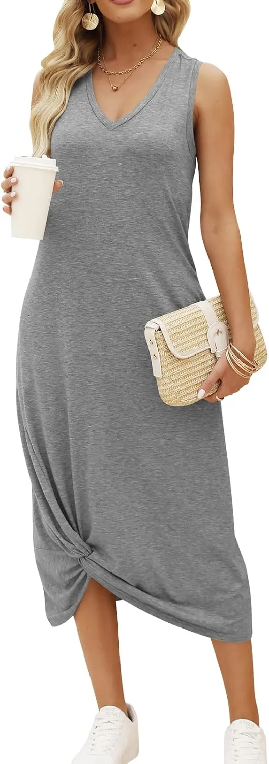 DEEP SELF Women's Casual V Neck Twist Knot Front Sleeveless Long Dress Summer Beach Tank Ankle Length Dresses with Pockets