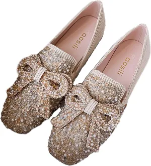 DESESE Women's Rhinestones Glitter Flat Shoes,Square Bow Dress Shoes Comfort Non Slip Low Heel Walking Shoes Casual Slip On Loafers