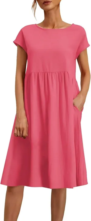 Dresses That Hide Tummy Bulge Women's Solid Ruched Waist A-Line Midi Dress with Stretchy Fabric