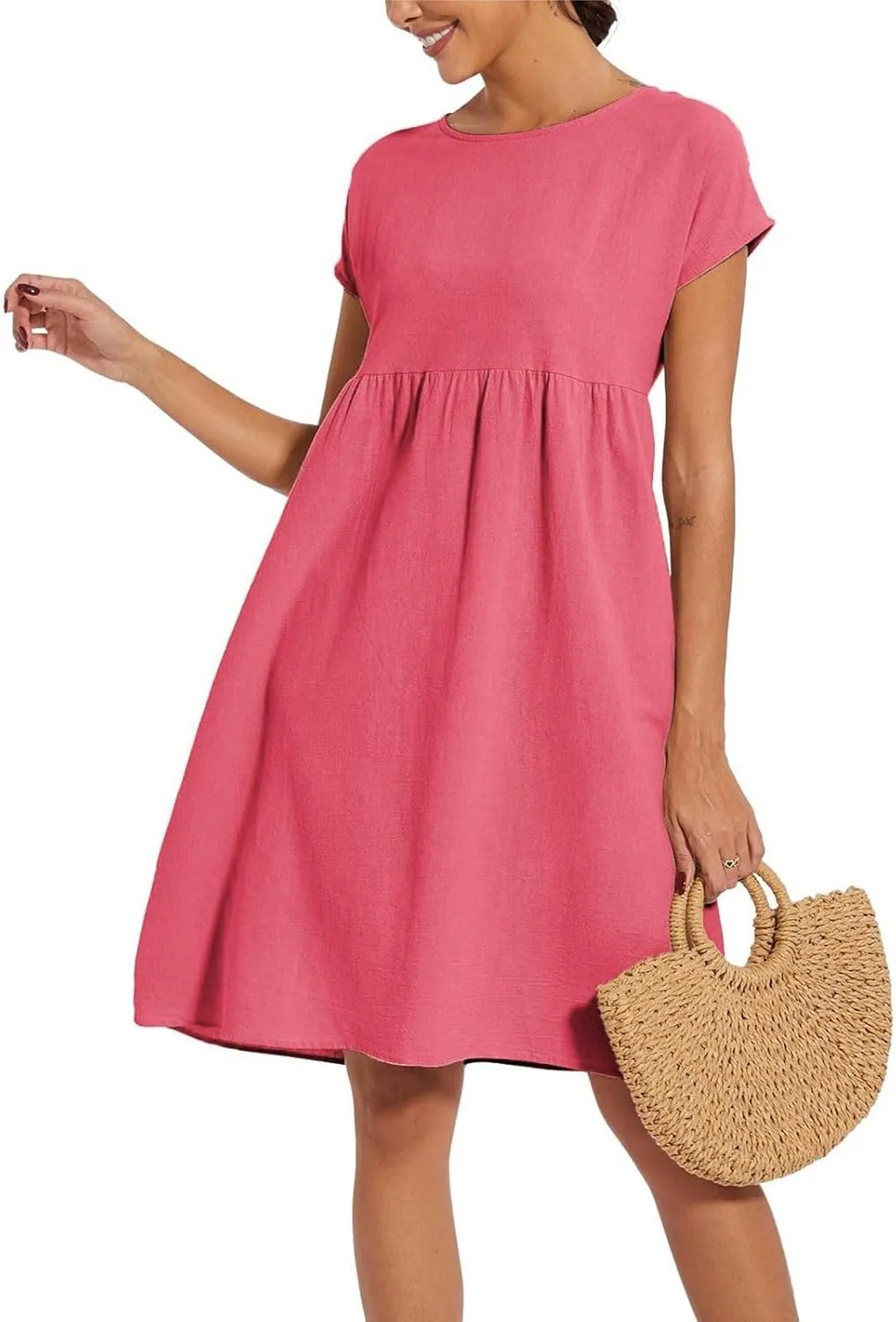 Dresses That Hide Tummy Bulge Women's Solid Ruched Waist A-Line Midi Dress with Stretchy Fabric