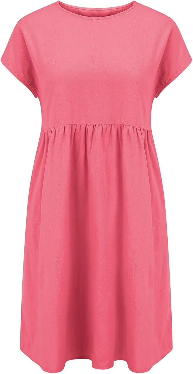 Dresses That Hide Tummy Bulge Women's Solid Ruched Waist A-Line Midi Dress with Stretchy Fabric