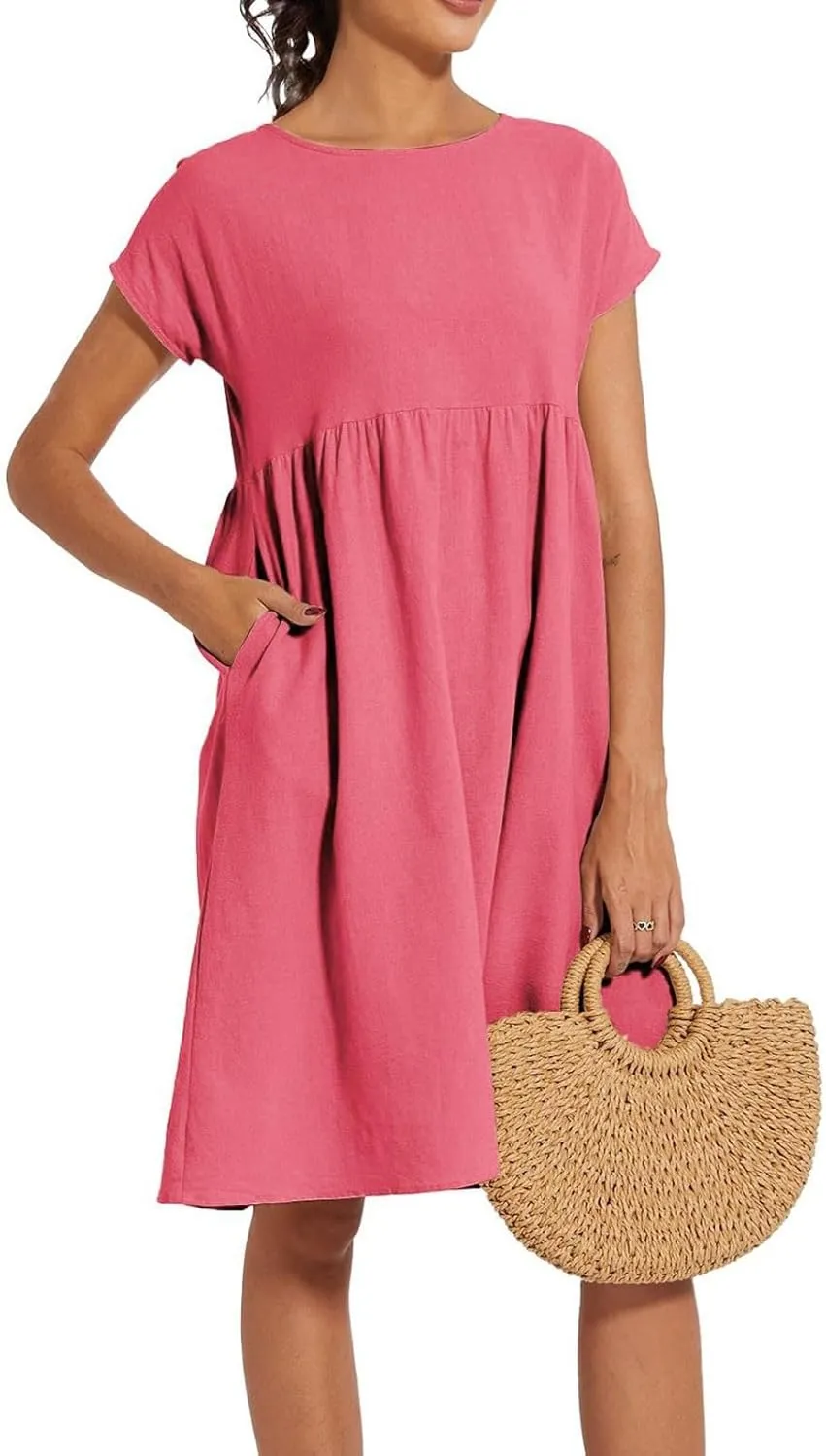 Dresses That Hide Tummy Bulge Women's Solid Ruched Waist A-Line Midi Dress with Stretchy Fabric