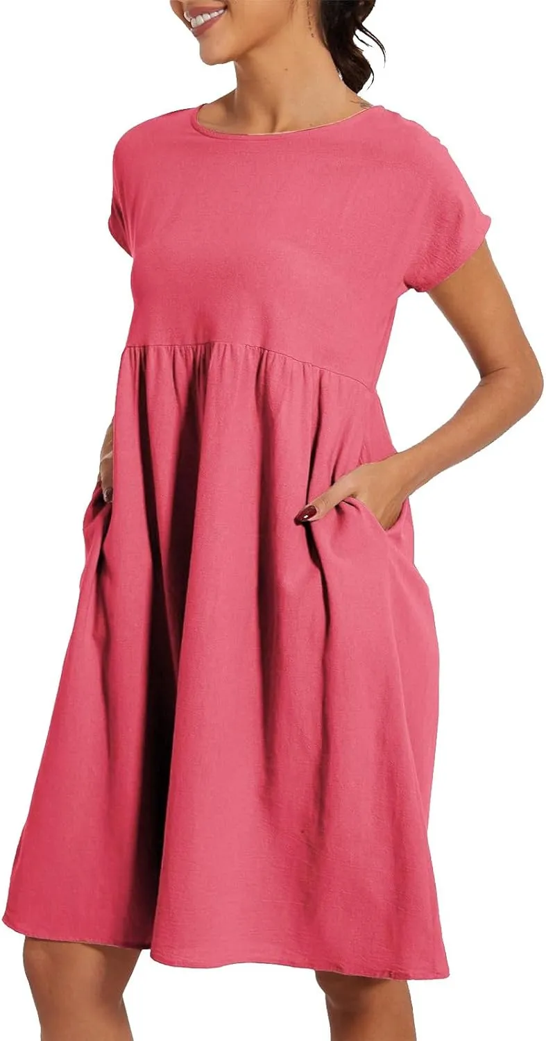 Dresses That Hide Tummy Bulge Women's Solid Ruched Waist A-Line Midi Dress with Stretchy Fabric