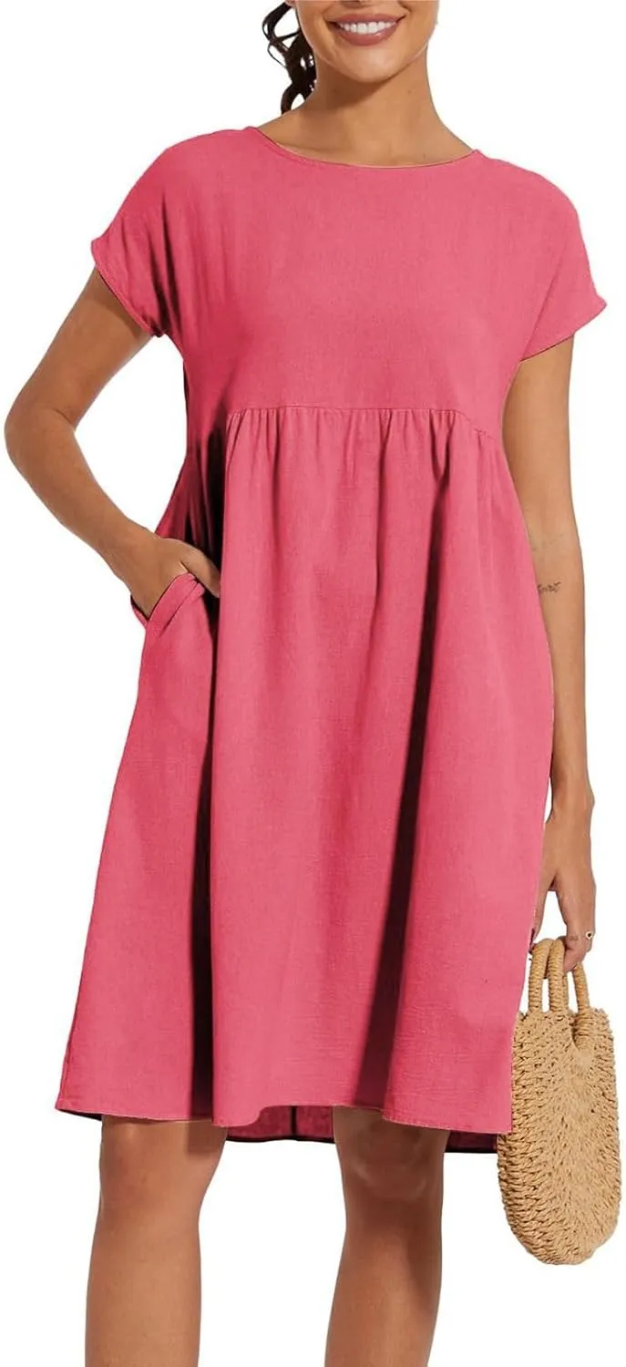 Dresses That Hide Tummy Bulge Women's Solid Ruched Waist A-Line Midi Dress with Stretchy Fabric