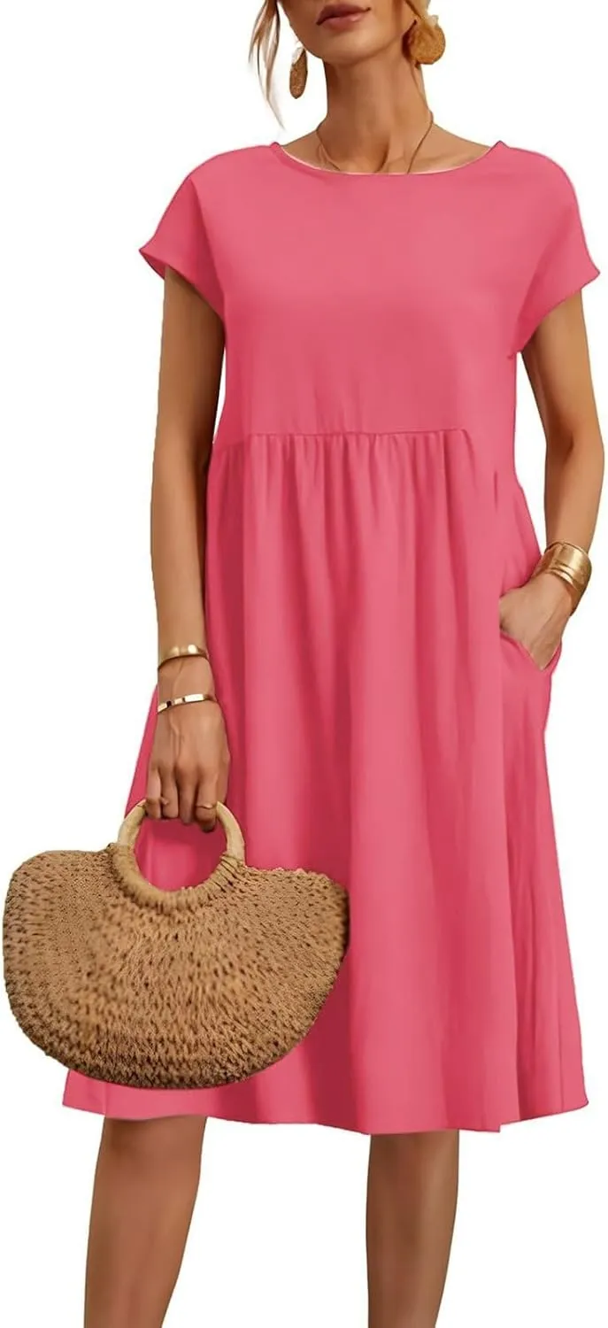 Dresses That Hide Tummy Bulge Women's Solid Ruched Waist A-Line Midi Dress with Stretchy Fabric