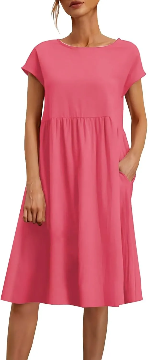 Dresses That Hide Tummy Bulge Women's Solid Ruched Waist A-Line Midi Dress with Stretchy Fabric