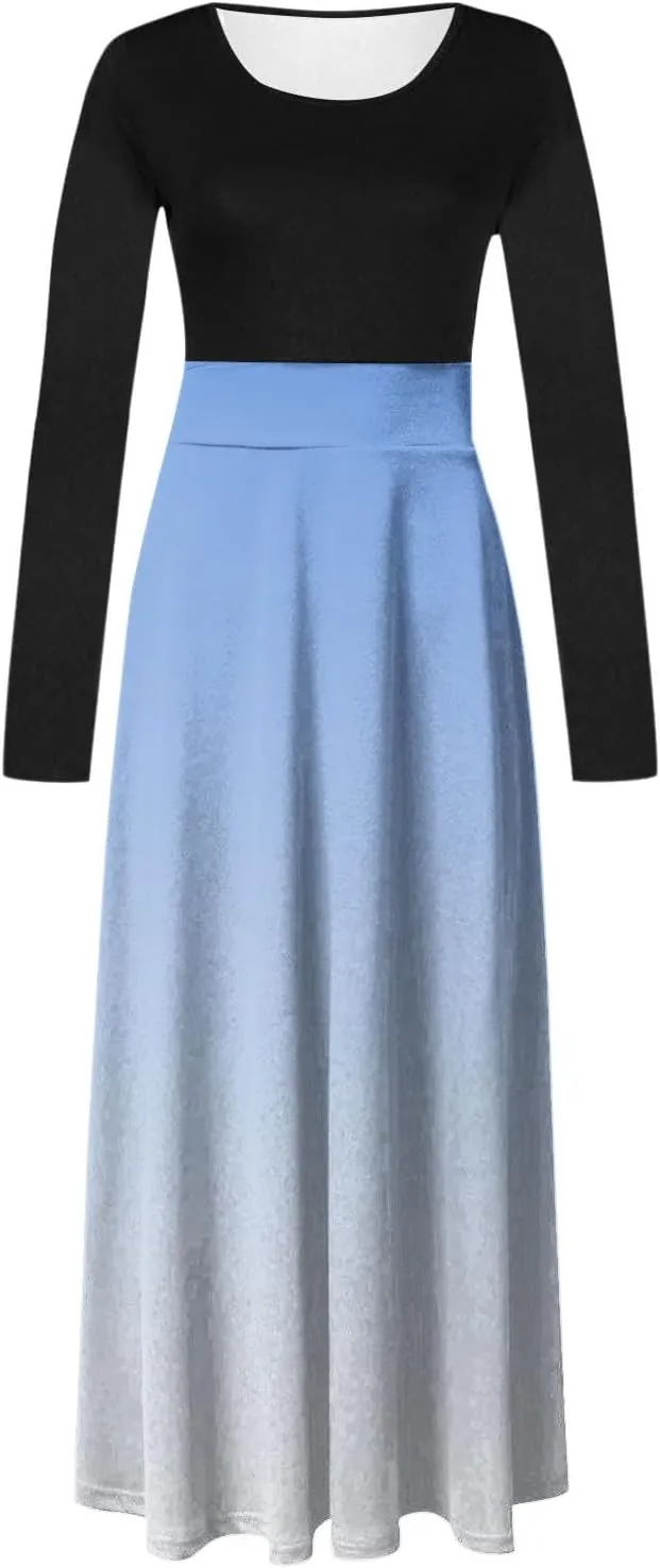 Dressy Dresses for Women Plus Size Long Sleeve Elastic Waist Crewneck Ruffle Maxi Dress Causal Gradient Color Dresses