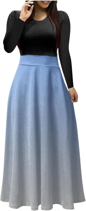 Dressy Dresses for Women Plus Size Long Sleeve Elastic Waist Crewneck Ruffle Maxi Dress Causal Gradient Color Dresses