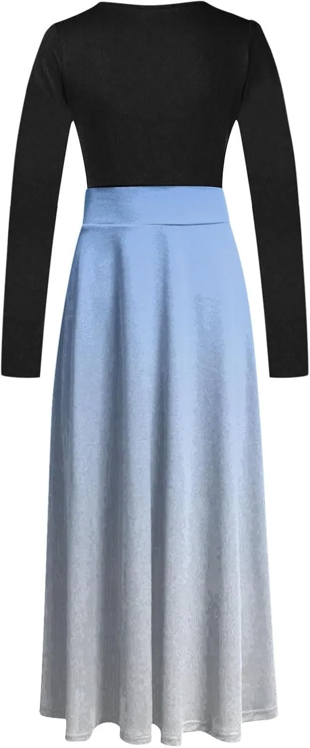 Dressy Dresses for Women Plus Size Long Sleeve Elastic Waist Crewneck Ruffle Maxi Dress Causal Gradient Color Dresses