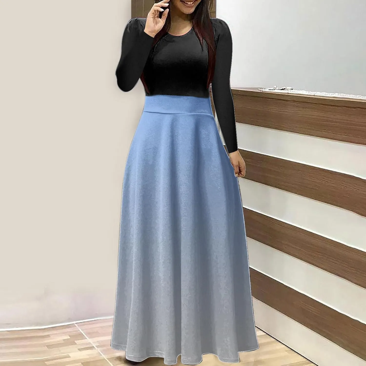 Dressy Dresses for Women Plus Size Long Sleeve Elastic Waist Crewneck Ruffle Maxi Dress Causal Gradient Color Dresses
