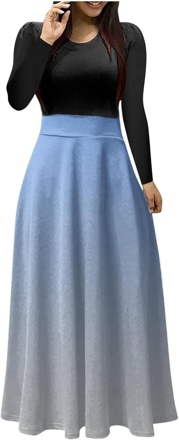 Dressy Dresses for Women Plus Size Long Sleeve Elastic Waist Crewneck Ruffle Maxi Dress Causal Gradient Color Dresses
