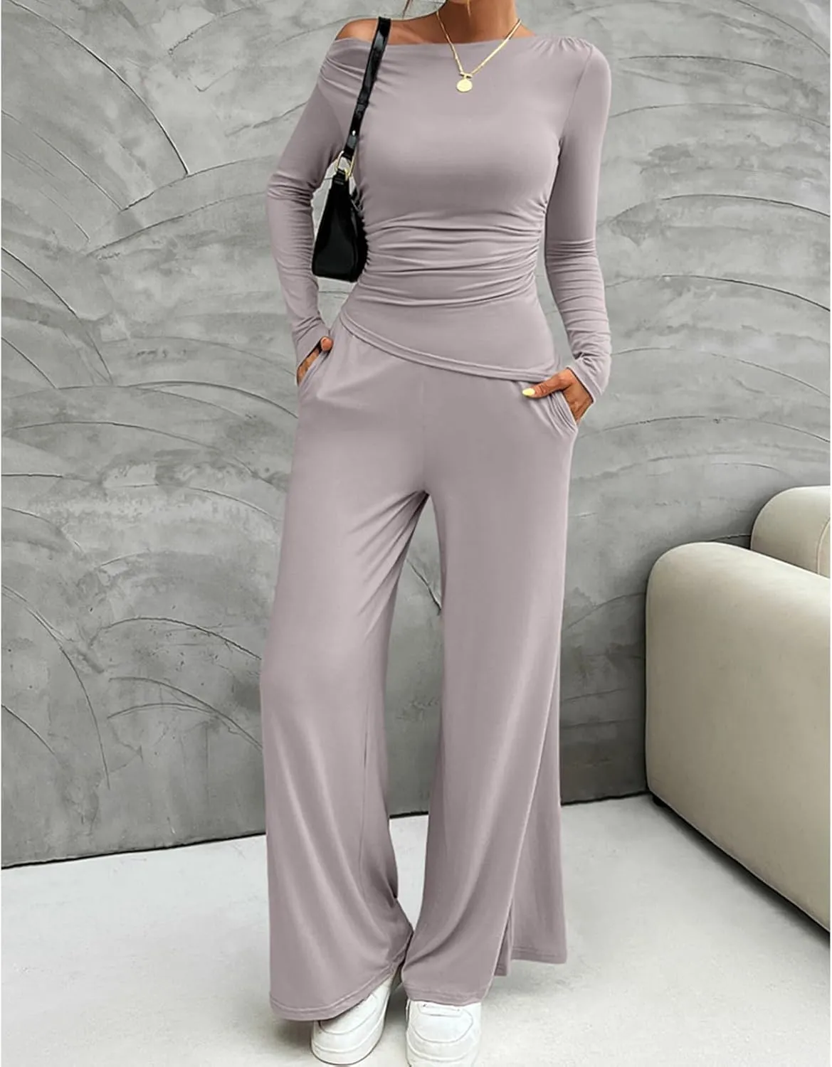ECHOINE Women's 2 Piece Lounge Sets Sexy Off Shoulder Long Sleeve T Shirt Wide Leg Pants Casual Tracksuit