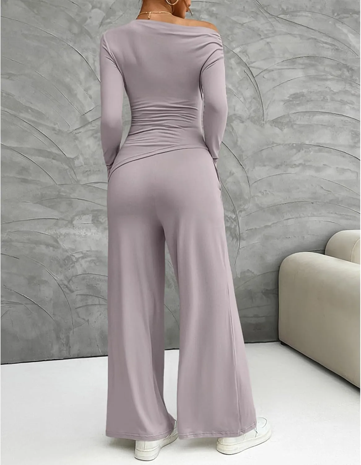 ECHOINE Women's 2 Piece Lounge Sets Sexy Off Shoulder Long Sleeve T Shirt Wide Leg Pants Casual Tracksuit