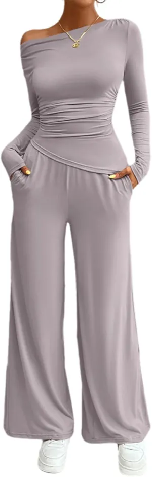 ECHOINE Women's 2 Piece Lounge Sets Sexy Off Shoulder Long Sleeve T Shirt Wide Leg Pants Casual Tracksuit