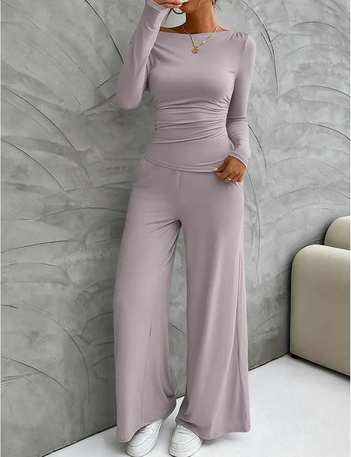 ECHOINE Women's 2 Piece Lounge Sets Sexy Off Shoulder Long Sleeve T Shirt Wide Leg Pants Casual Tracksuit