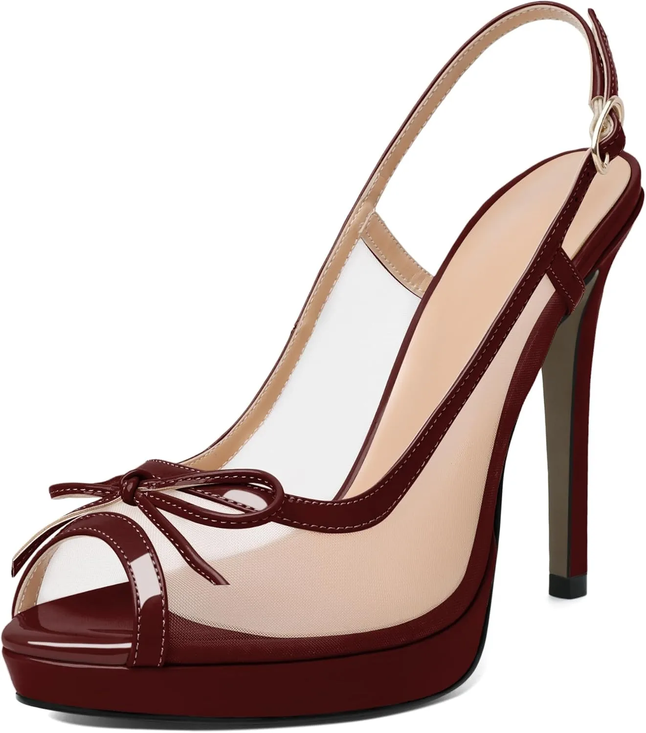 Eldof Women’s High Heel Platform Sandals, Peep Toe Slingback Sandals, Stiletto Heels with Bows Mesh Dating Party Wedding Dress Shoes 5 Inches