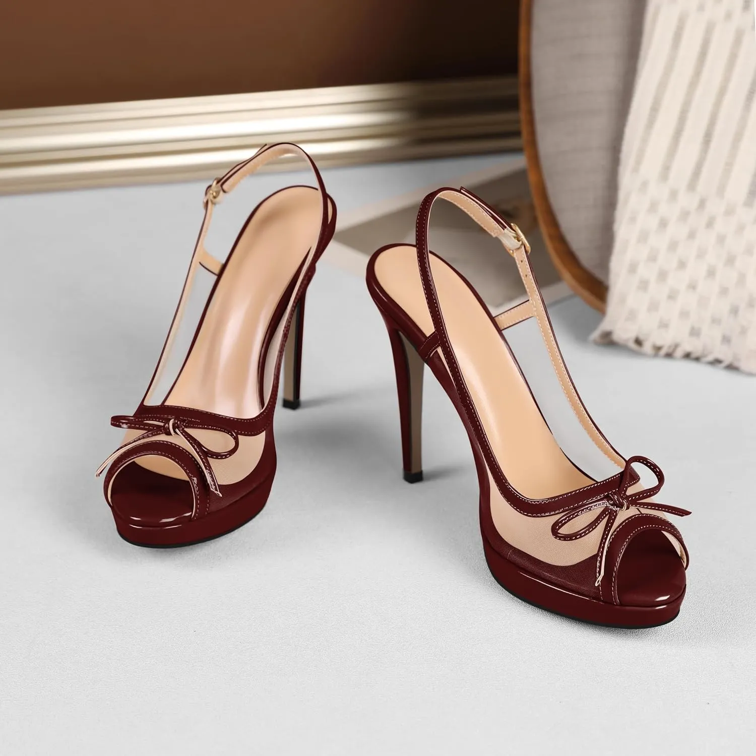 Eldof Women’s High Heel Platform Sandals, Peep Toe Slingback Sandals, Stiletto Heels with Bows Mesh Dating Party Wedding Dress Shoes 5 Inches