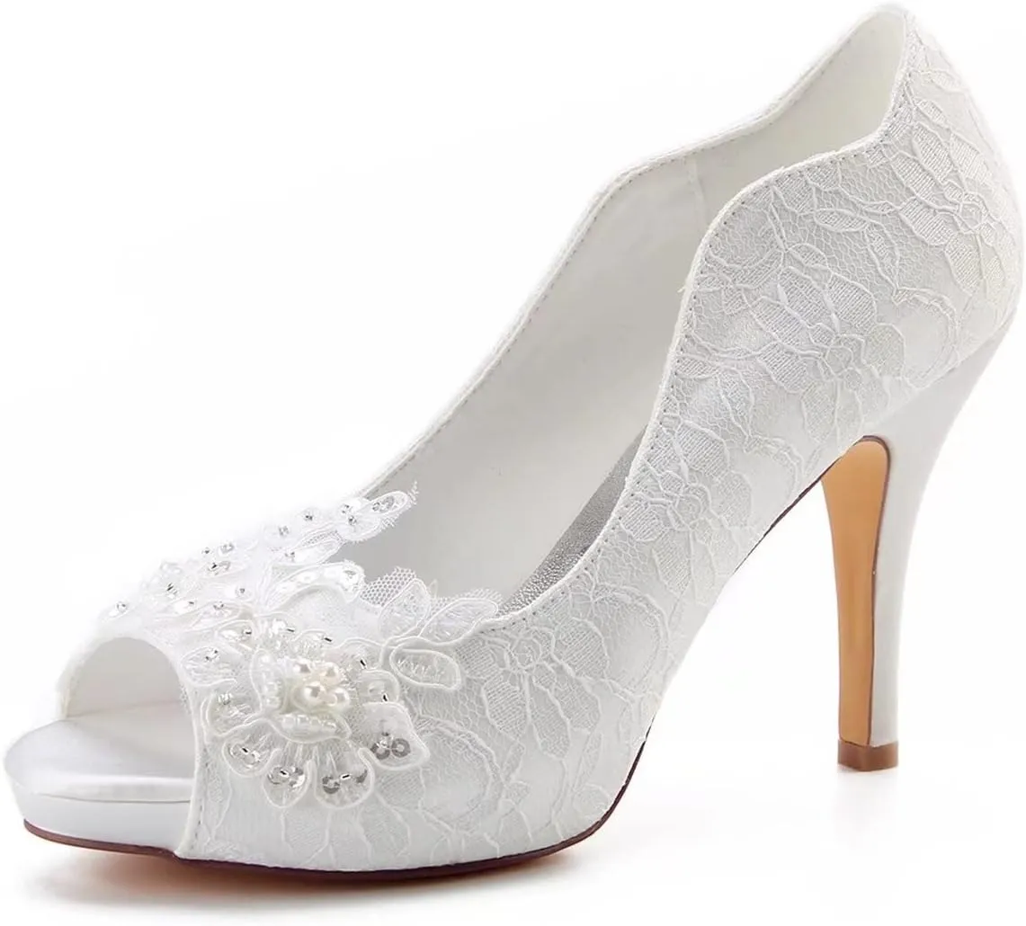 Emily Bridal Women's Lace Satin Stiletto Heel Peep Toe Sandals