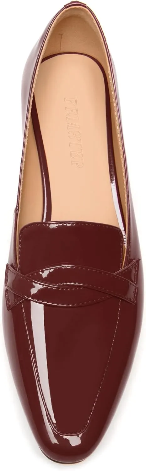 FEMSTEP Womens Dating Slip On Patent Leather Square Toe Dress Chunky Low Heel Loafers Shoes 1.5 Inch