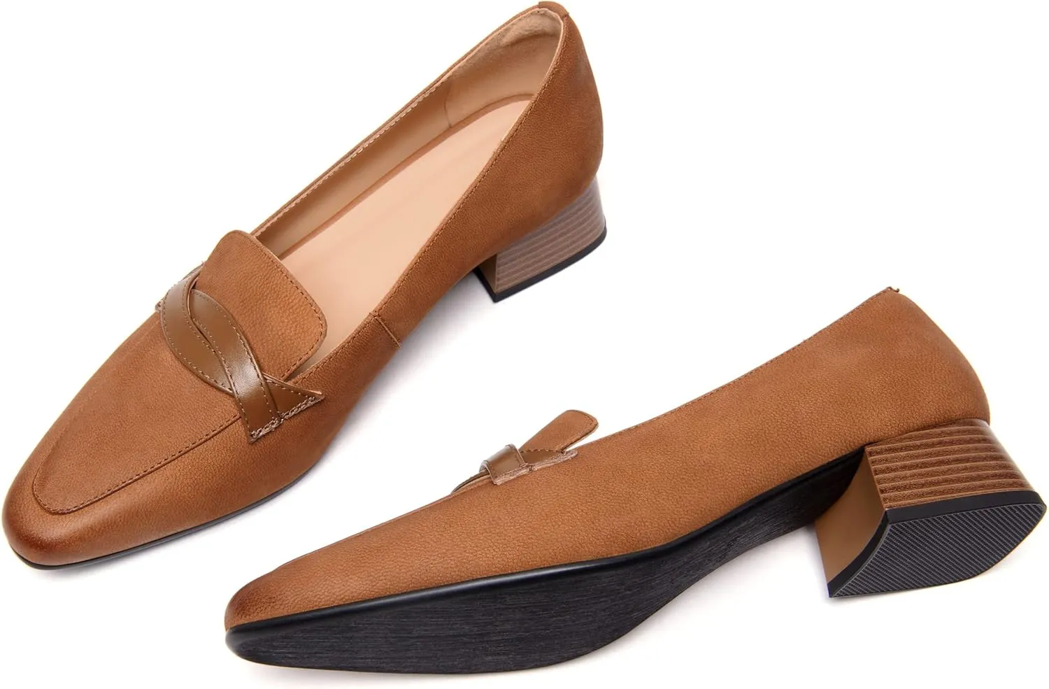 FEMSTEP Women's Loafer Square Toe Slip On Casual Office Matte Leather Chunky Low Heel Formal Shoes 1.5 Inch