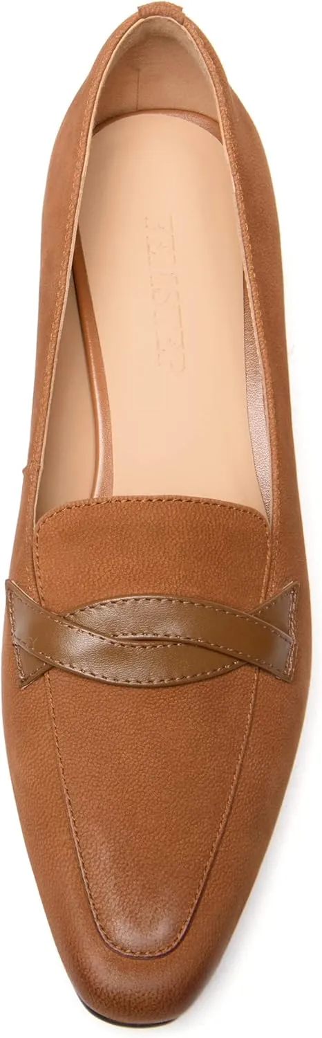 FEMSTEP Women's Loafer Square Toe Slip On Casual Office Matte Leather Chunky Low Heel Formal Shoes 1.5 Inch